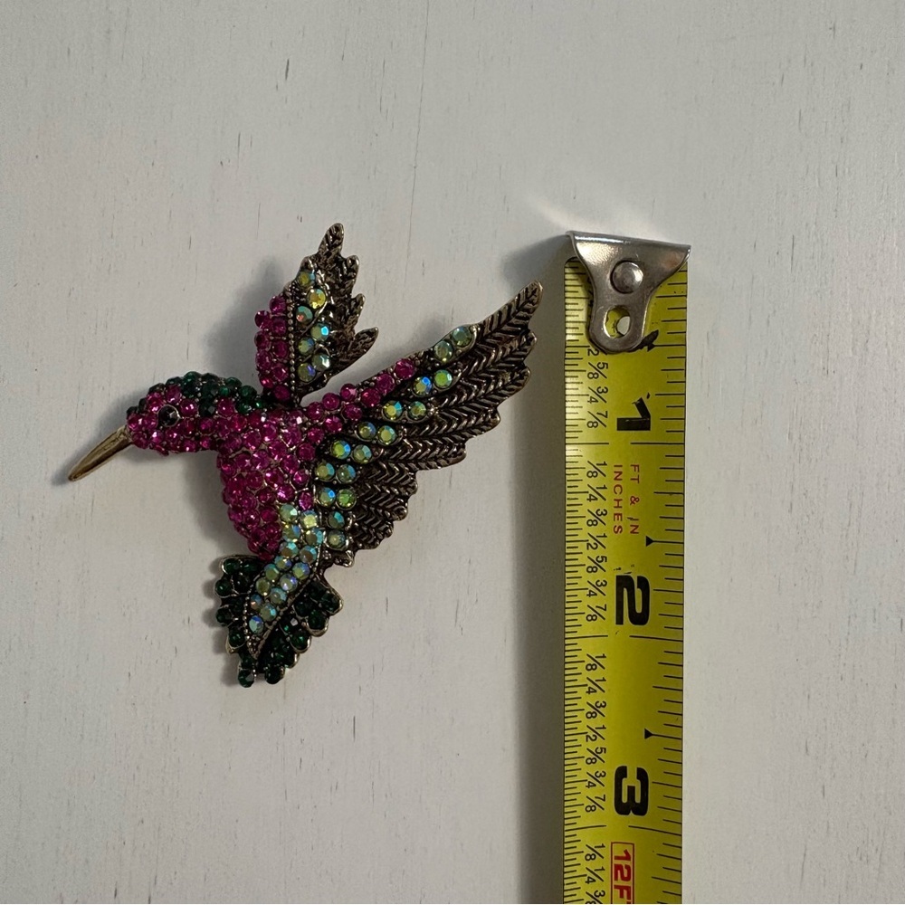 Vintage Pink Rhinestone Hummingbird Brooch Pin Cocktail Brass Tone - Picture 5 of 6